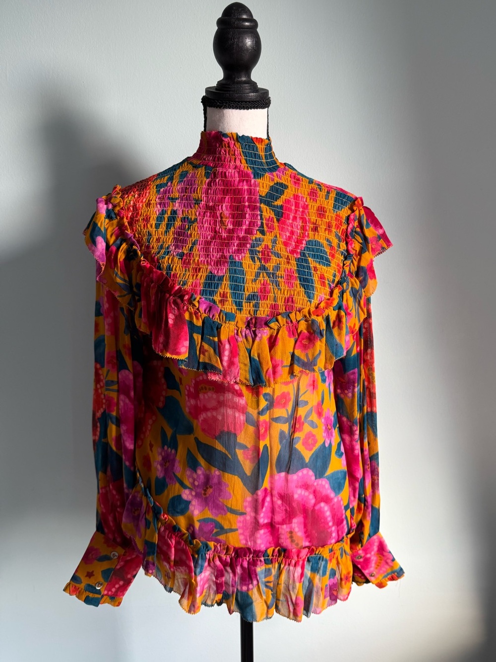 FARM Rio Floral Ruffle Blouse Long Sleeve Mock Neck Size XS - Picture 2 of 12